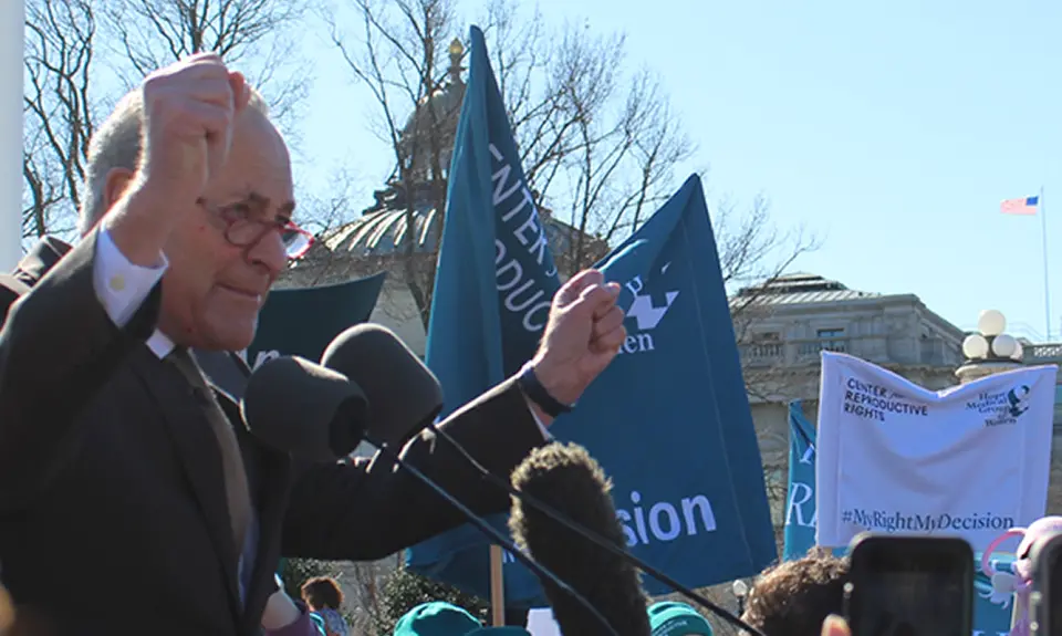 Chuck Schumer speaks at the My Right, My Decision rally outside of SCOTUS on March 5, 2020.