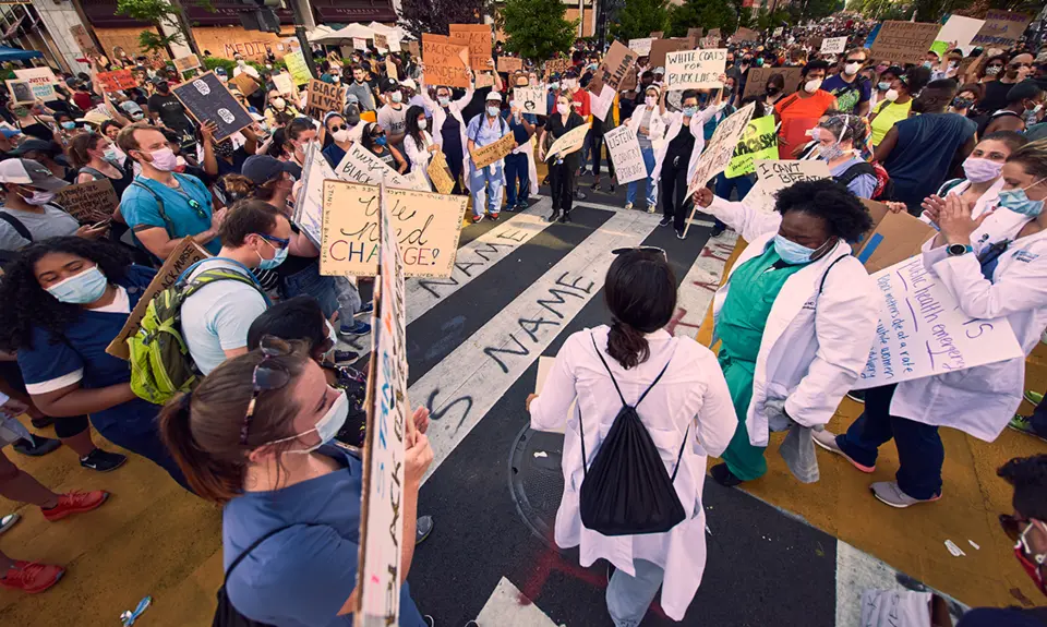 Protesters gather at Black Lives Matter Plaza in Washington D.C. to protest police brutality.