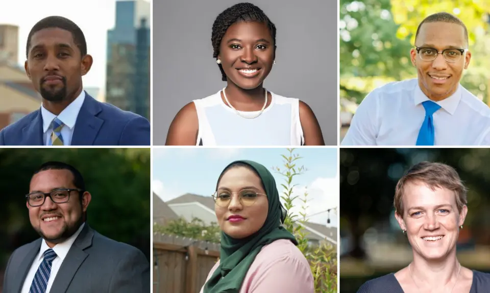 Headshots of six Next Up candidates Brandon Scott, Christian Menefee, Nancy Metayer, Ricky Hurtado, Nida Allam and Rebecca Mitchell.