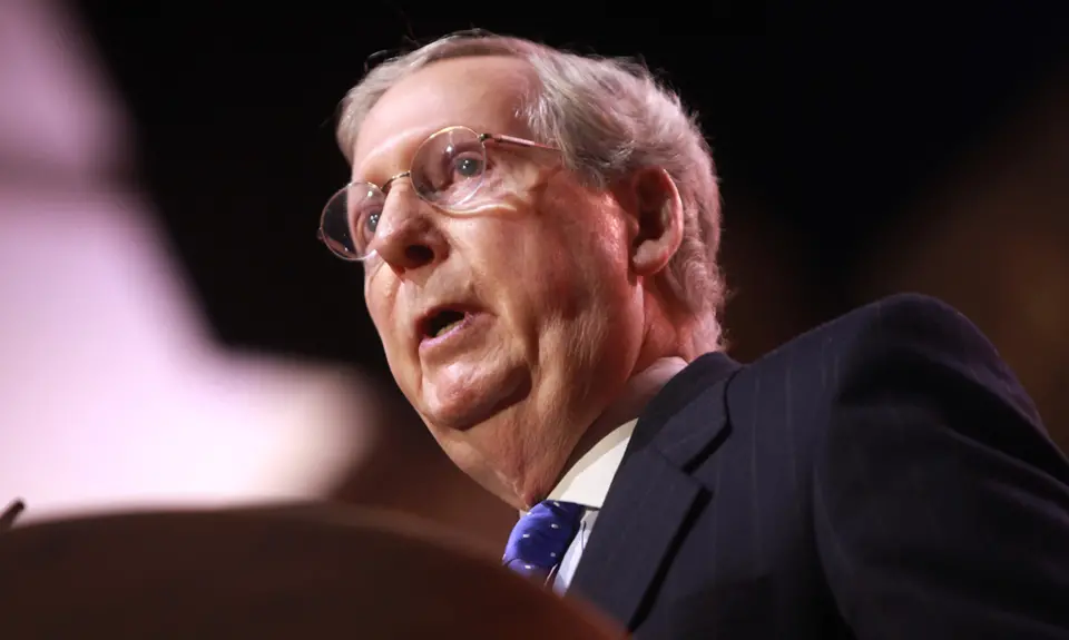 A close-up of Mitch McConnell's face during his speaking remarks at the 2014 CPAC.