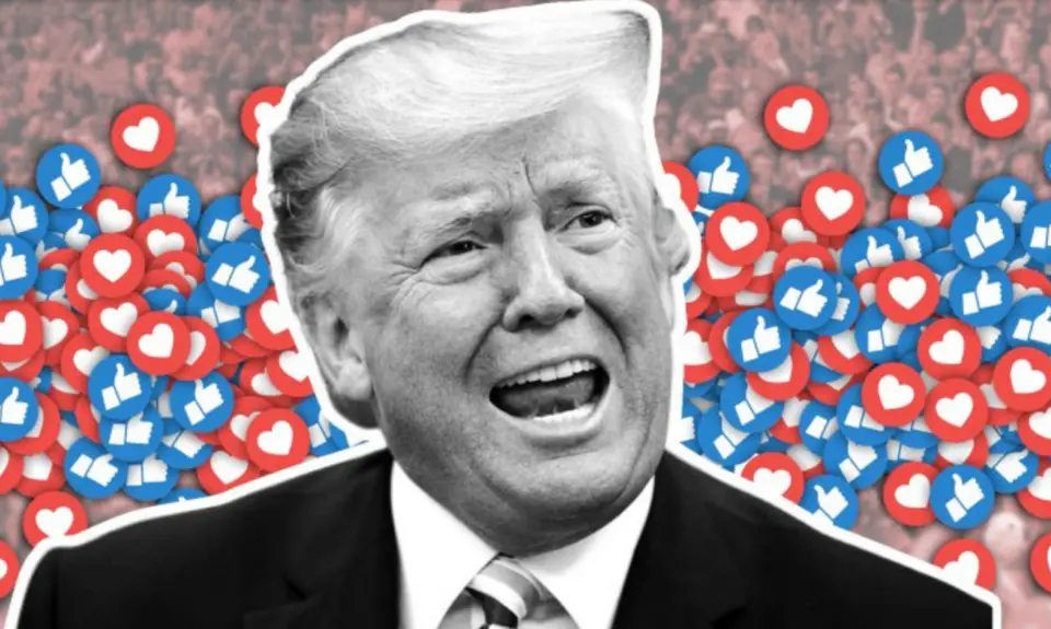 A picture of Donald Trump in front of a bunch of social media icons.
