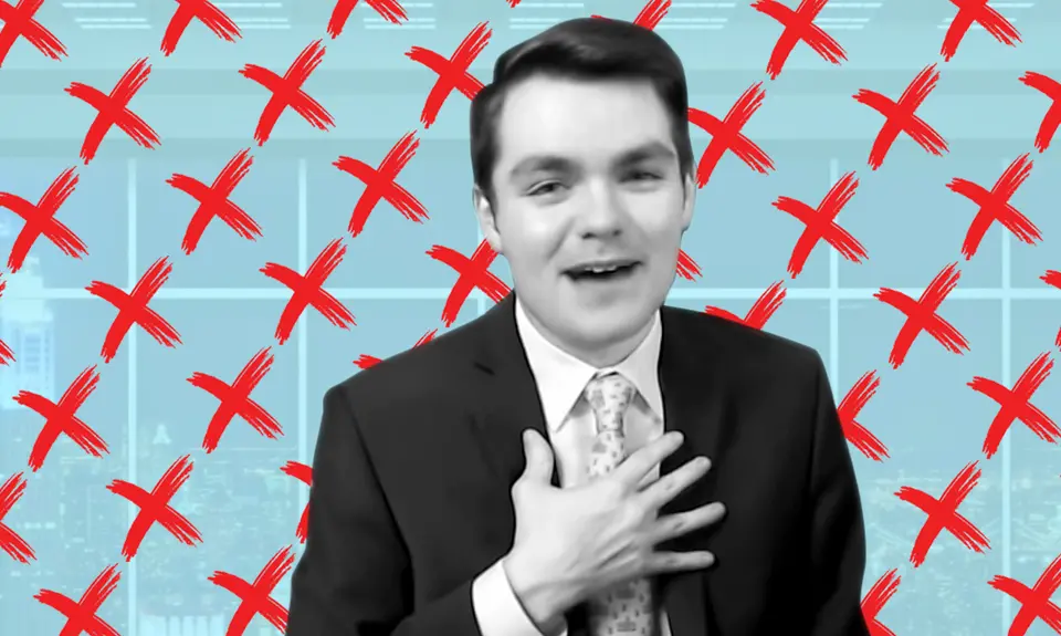 White supremacist Nick Fuentes in front of a blue background with red exes