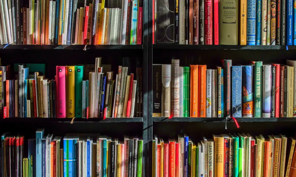 Brightly colored books on a bookshelf.