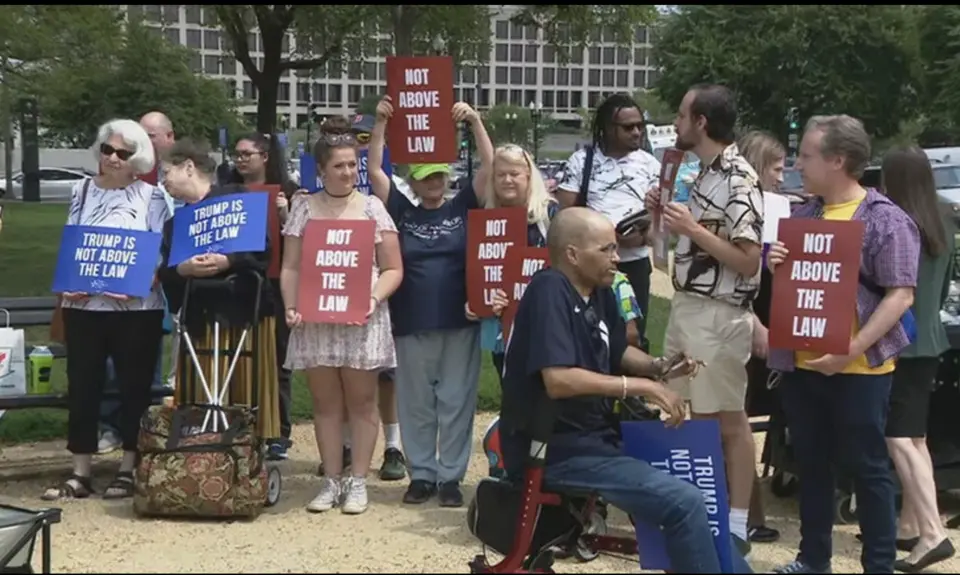 A Thursday, Aug. 3, 2023, rally is underway on the National Mall ahead of former President Donald Trump's historic arraignment in Washington, D.C.