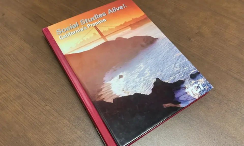 The cover of the Teachers’ Curriculum Institute’s “Social Studies Alive!” fourth-grade textbook is seen. The Temecula school board adopted the curriculum