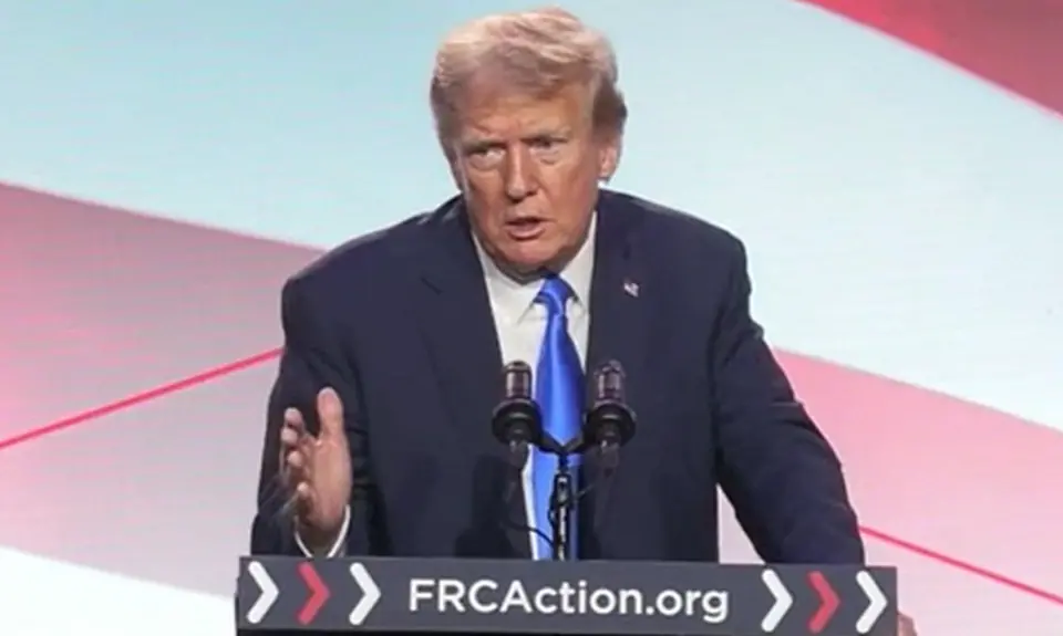 Donald Trump speaking at the Pray, Vote, Stand summit.