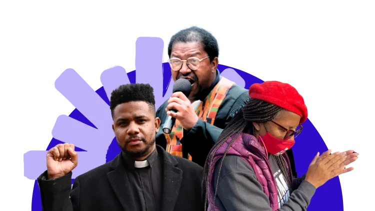 Three Black pastors in front of a purple sunburst