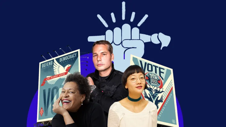 Three artists stand in front of photos of billboards that say vote and a fist holding a paintbrush