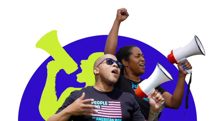 A Black man and woman holding megaphones wearing shirts that read People For the American Way