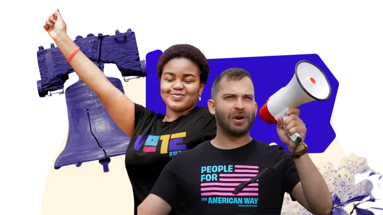 Two people with a megaphone in front of a blue shape of pennsylvania and a picture of the liberty bell