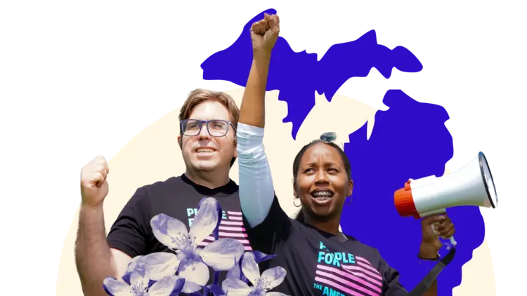 two people in front of a blue shape of Michigan