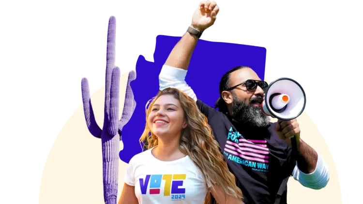 A man and a woman standing in front of the shape of Arizona and a cactus