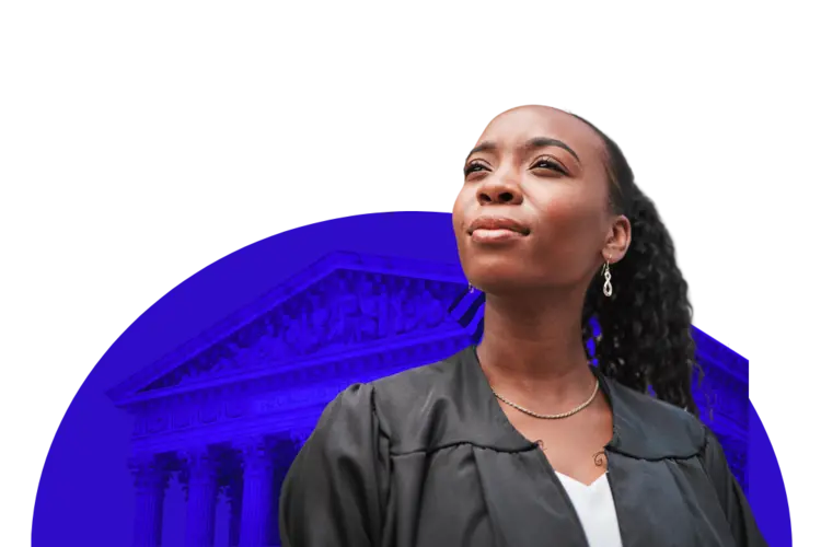 Black woman judge in front of a blue court