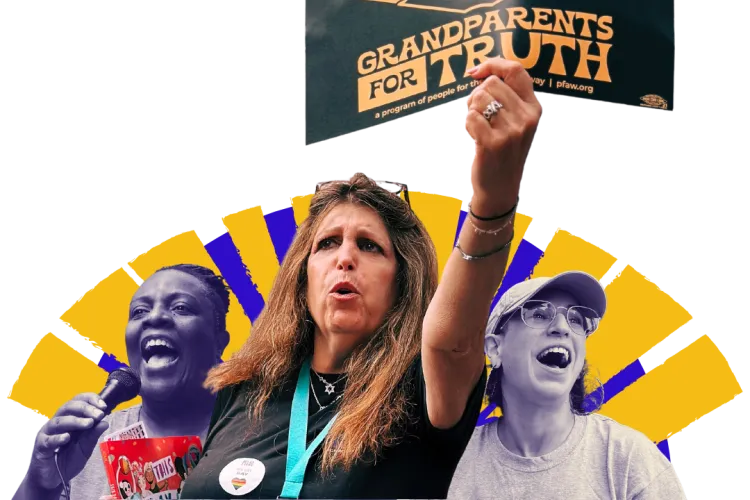 A Black woman holding a microphone, and older white woman holding a sign that says Grandparents For Truth, and a young woman in a hat in front of a sunburst