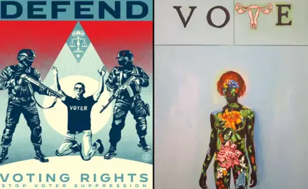 Art for democracy-- piece by Sheppard Fairey on the left and Beverly McIver on the right