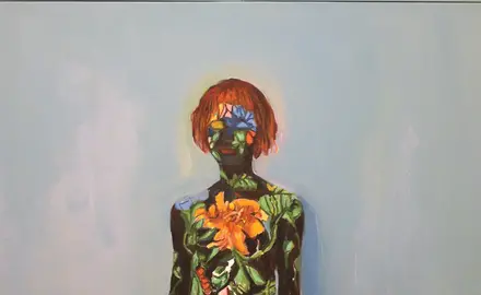 Art by Beverly McIver that has a woman covered in flowers and the message "VOTE" with the T being a uterus