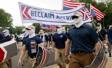 Members of far-right group Patriot Front May 13, 2023, marching Washington, D.C. 