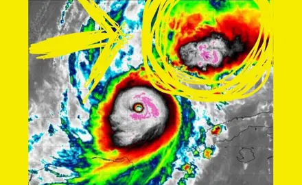 Colorful radar image of Hurricane Milton with hand-drawn circles and arrows pointing to storm