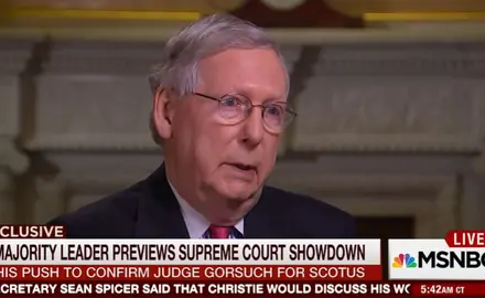 Screenshot of MSNBC interview with Mitch McConnell with caption "Majority Leader Previews Supreme Court Showdown"