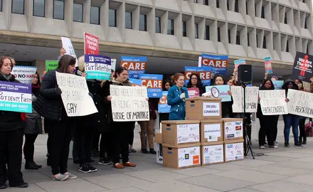 PFAW's Jen Herrick speaking outside HHS on 3/27/18. #PutPatientsFirst