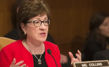 Senator Susan Collins of Maine asks questions during a senate hearing.