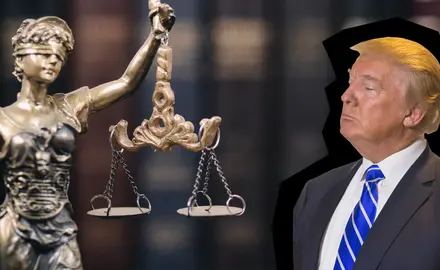 Lady Justice next to Donald Trump