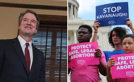 Brett Kavanaugh and people holding signs that say "Stop Kavanaugh!" and "Protect safe, legal abortion"