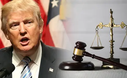 Donald Trump next to a gavel and the scales of justice