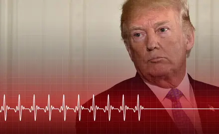 An image of Donald Trump overlaid with a red sinus rhythm (heartbeat)