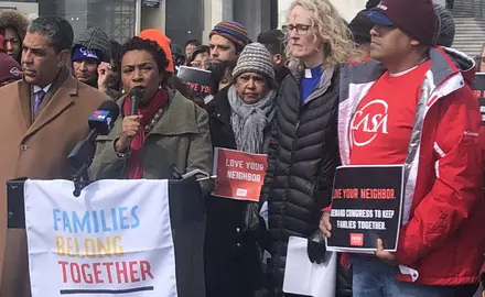 Rep. Yvette Clark speaks at an immigration rally at the Capitol Building on March 6, 2019.