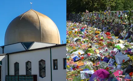 An image of a mosque next to an image of flowers and other tributes left outside along a wall