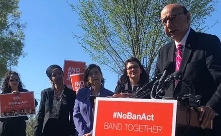 Khizr Khan speaks at a rally and advocates for the passage of the #NoBanAct