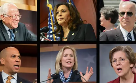 A compilation of headshots including Bernie Sanders, Kamala Harris, Joe Biden, Cory Booker, Kirsten Gillibrand, and Elizabeth Warren