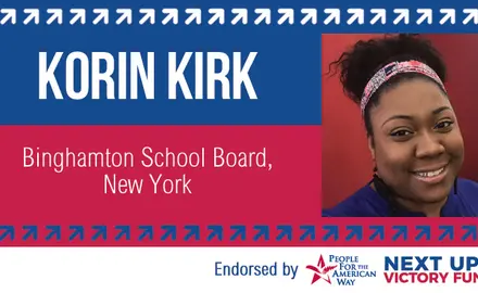 An advertising image for Korin Kirk for Binghamton School Board in New York with a headshot