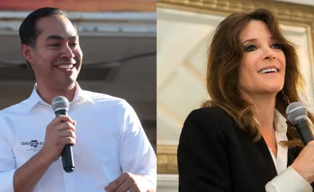 Headshots of Julian Castro and Marianne Williamson