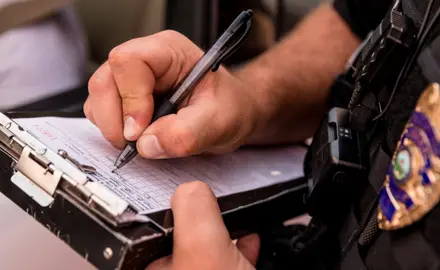 A close up of a police officer writing a ticket