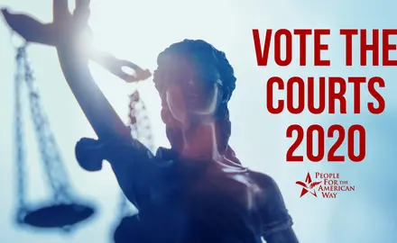 An image of Lady Justice with the text "Vote the Courts 2020"