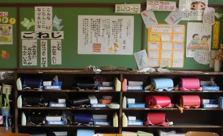 photo of a set of cubbies and posters hanging on the wall above them