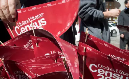 Small red, triangular flags that say "United States Census"