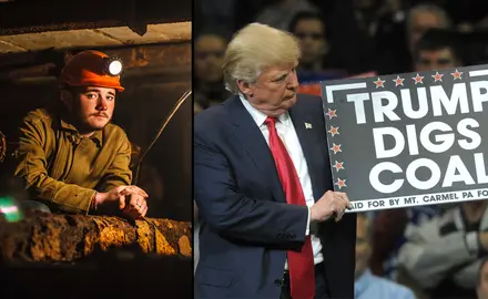 An image of a miner wearing a hard hat and head lamp next to am image of Donald Trump holding a sign that says "Trump digs coal."