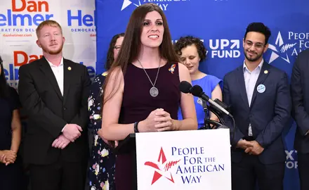 Danica Roem at the speaker's podium at PFAW's Next Up 2019 Virginia kickoff event.