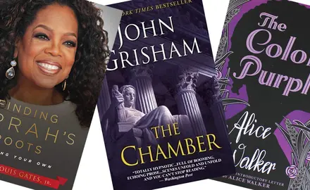 Three books: Finding Oprah's Roots by Henry Louis Gates, Jr., The Chamber by John Grisham, and The Color Purple by Alice Walker