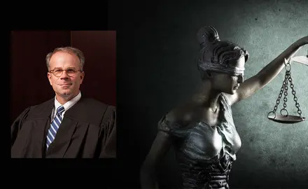 Michael Scudder superimposed on an image of Lady Justice.