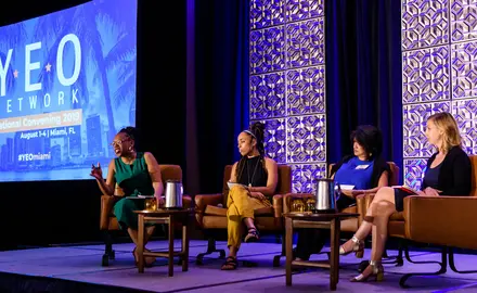 The YEO Network National Convening 2019 panel, titled "“The Role of Philanthropy in Supporting Progressive Governance and Policy Implementation." Left to right: Lateefah Simon of the Akonadi Foundation, Tynesha McHarris of NoVo FoundationNina Ahmad of the Donors of Color Network, and Leah Hunt-Hendrix of Way to Win