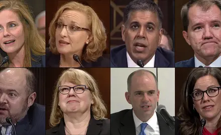 A compilation of headshots of Trump-appointed judges.