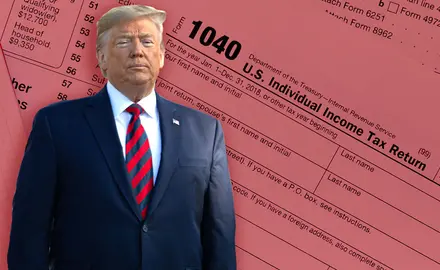 An image of Donald Trump overlaid onto an image of Form 1040: U.S. Individual Income Tax Return