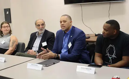 Bishop Mark Beckwith (Bishops United Against Gun Violence), Joshua Harris-Till (Young Democrats of America), Mallory Long (National Democratic Redistricting Committee), and Diallo Brooks (People For the American Way) speak on a panel in December 2019.