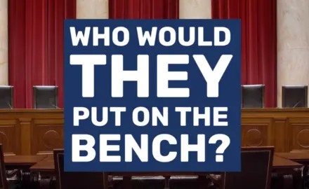 An image of a courtroom with the text "Who would they put on the bench?"