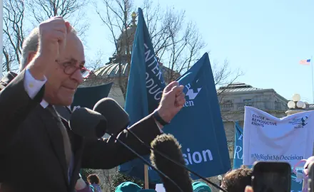 Chuck Schumer speaks at the My Right, My Decision rally outside of SCOTUS on March 5, 2020.