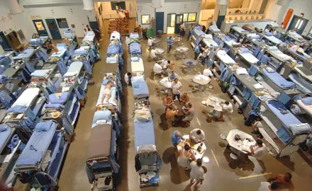 A birds-eye view of a crowded California state prison.